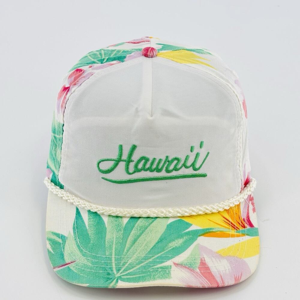 HAWAII FLORAL HAT CAP ADJUSTABLE SNAPBACK MULTICOLOR W ROPE VINTAGE VTG 90s